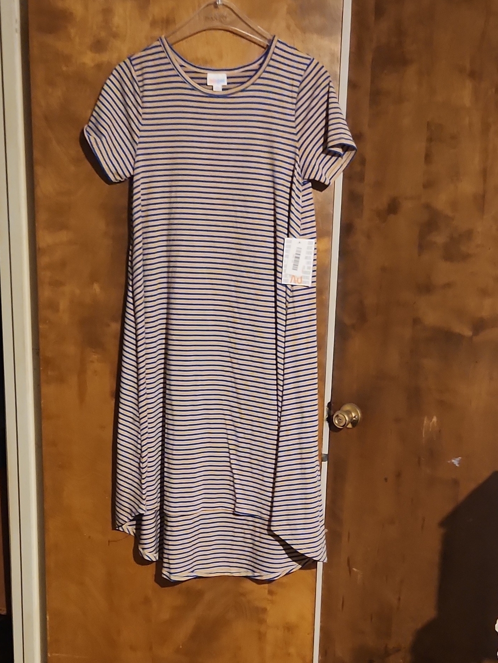 LuLaRoe Beige and Navy Striped High-Low T-Shirt Dress